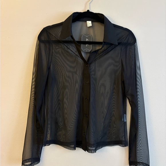 NWT Black Sheer Button-Down Blouse large - Picture 1 of 6